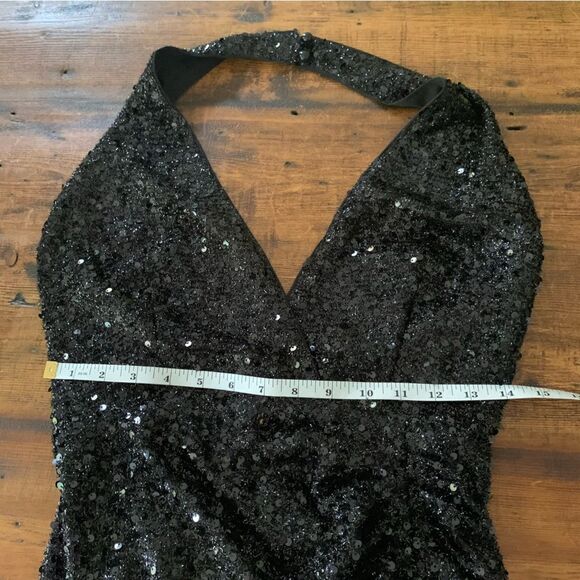 Fashion Nova Faux Wrap Black Sequin Front Slit Halter Dress Open Back Sz M - Picture 4 of 9